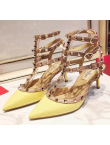 Valentino Patent Calfskin Rockstud Ankle Strap With 6.5cm Heel Yellow