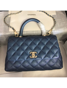 Chanel Iridescent Grained Quilted Calfskin Small Coco Handle Flap Top Handle Bag Navy Blue 2019