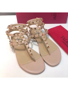 Valentino Rockstud Flat Thong Sandal in Leather Nude 2020