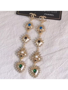 Chanel Crystal Heart Long Earrings AB2404 Blue/Green 2019
