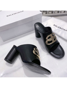 Balenciaga Oval BB Calfskin High-Heel Mules Slide Sandal Black/Gold 2020