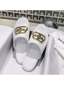Balenciaga Oval BB Calfskin Flat Mules Slide Sandal White/Gold 2020