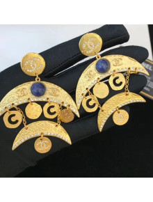 Chanel Metal Moon Short Earrings AB1599 Gold/Blue 2019