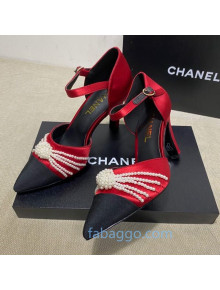 Chanel Satin Pearl Knot Pumps with Straps G36466 Red 2020
