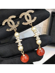 Chanel Vintage Textured Pearl Earrings Red/White/Gold 2019