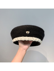 Chanel Tweed Beret Hat with Crochet and Pearl Black 2021 110497