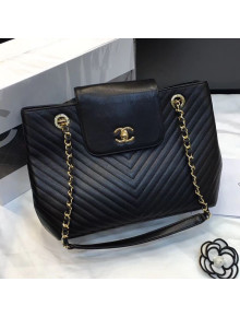 Chanel Chevron Calfskin Strap Shopping Bag Black 2019