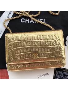 Chanel Metallic Crocodile Embossed Calfskin Classic Wallet on Chain WOC A33814 Gold 2019