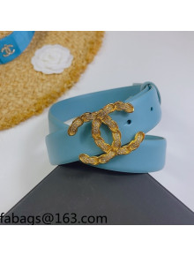 Chanel Calf Leather Belt 3cm with Metallic CC Buckle Blue 2021 110828