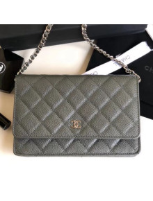 Chanel Quilting Grained Calfskin Wallet on Chain WOC Bag Grey (Silver-tone Metal)