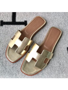 Hermes Oran H Flat Slipper Sandals in Smooth Metallic Calfskin Gold 2021(Handmade)