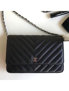 Chanel Chevron Lambskin Wallet on Chain WOC Bag Black (Silver-tone Metal)