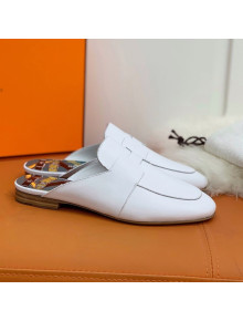 Hermes Catena Supple Calfskin Flat Mules with Cut out H White 2021