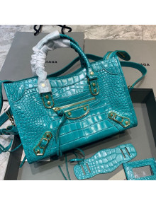 Balenciaga Classic City Small Bag in Shiny Crocodile Embossed Leather Turquoise Blue 2021