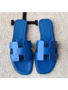 Hermes Oran H Flat Slipper Sandals in Smooth Calfskin Blue 2021(Handmade)