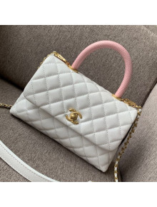Chanel Small Grained Quilted Calfskin Coco Handle Flap Top Handle Bag White/Pink 2019