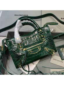 Balenciaga Classic City Mini Bag in Shiny Crocodile Embossed Leather Dark Green 2021
