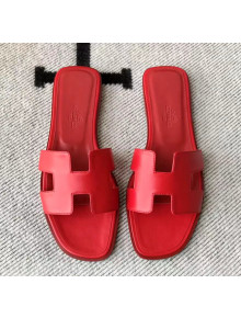 Hermes Oran H Flat Slipper Sandals in Smooth Calfskin Red 2021(Handmade)