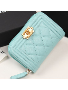 Chanel Quilted Grained Leather Boy Zipped Coin Purse A80602 Light Blue 2019