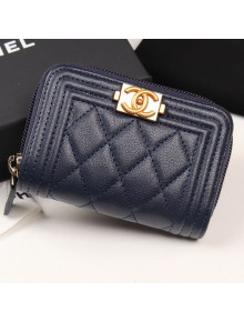 Chanel Quilted Grained Leather Boy Zipped Coin Purse A80602 Navy Blue 2019
