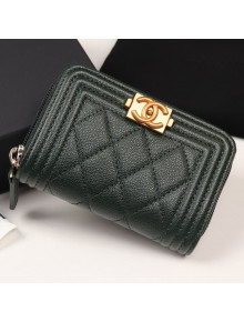 Chanel Quilted Grained Leather Boy Zipped Coin Purse A80602 Dark Green 2019