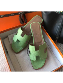 Hermes Oran H Flat Slipper Sandals in Togo Grainy Calfskin Light Green 2021(Handmade)
