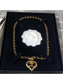Chanel Chain Leather Heart Pendant Long Necklace 2019