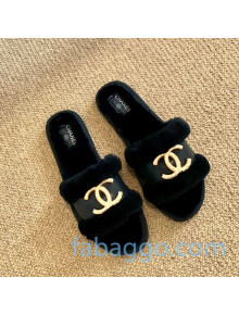 Chanel Wool Leather Flat Slide Sandals 03 Black 2020