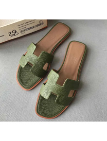 Hermes Oran H Flat Slipper Sandals in Togo Grainy Calfskin Green 02 2021(Handmade)