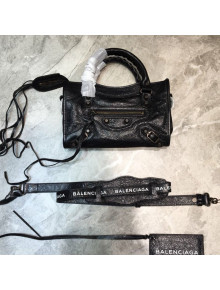 Balenciaga Classic City Mini Bag in Crinkle Lambskin with Logo Strap Black/Gold 2021