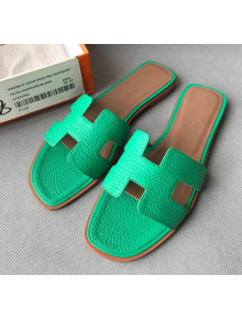 Hermes Oran H Flat Slipper Sandals in Togo Grainy Calfskin Green 04 2021(Handmade)