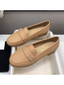 Chanel Lambskin Pearl CC Flat Loafers Beige Leather 2020