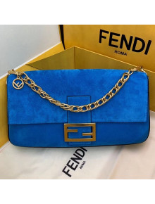 Fendi Suede Large Baguette Flap Shoulder Bag Blue 2019 308L