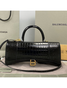 Balenciaga Hourglass Streched Top Handle Bag in Shiny Crocodile Calfskin 92945 Black/Gold 2021