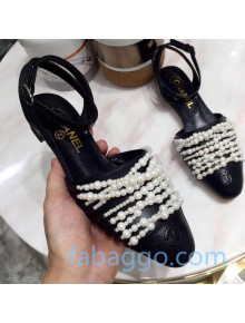 Chanel Lambskin Pearl Bead Charm Low-Heel Slingback Pumps Black 2020 
