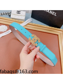 Chanel Calfskin Belt 30mm with Crystal CC Buckle Blue 2021