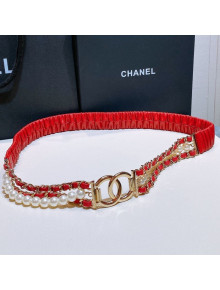 Chanel Pearl Lambskin Pleated Chain Belt AA7481 Red 2021
