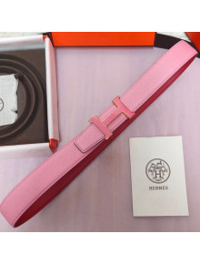 Hermes Leather Reversible Belt 32mm with H Buckle Pink/Gold 2019 