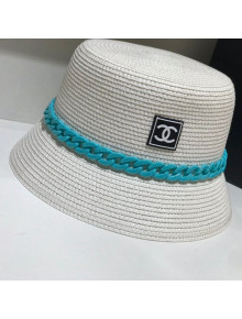 Chanel Straw Bucket Hat with Matte Chain White/Blue 2021