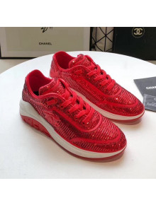 Chanel CC Logo Sequins & Leather Sneakers G35936 Red 2020