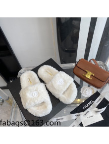 Chanel Fur CC Flat Slide Sandals White 2021 112299