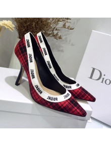 Dior J'Adior High-Heel Pump in Red Tartan Fabric and Embroidered Ribbon 2019