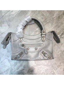 Balenciaga Graffiti Classic Mini City Bag in Crinkle Calfskin with Quilted Silver Hardware Light Grey