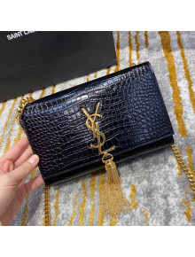 Saint Laurent Kate Small Chain and Tassel Bag in Crocodile Embossed Leather 474366 Black/Gold 2020