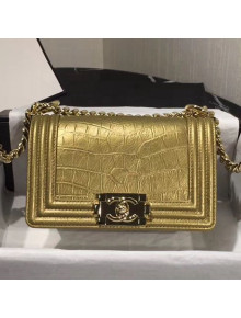 Chanel Crocodile Embossed Leather Small Boy Flap Bag Gold 2019