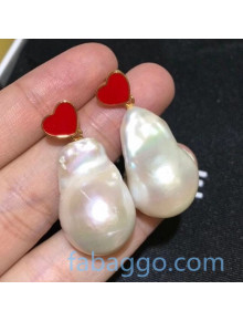 Celine Pearl Heart Short Earrings Red 2020