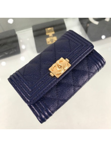 Chanel Quilted Grained Small Flap Boy Wallet A80603 Navy Blue/Gold 2019