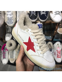 Golden Goose Ball Star Sneakers in Shearling and Calfskin White/Red 02 2020