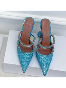 Amina Muaddi Sequins Crystal Strap Mules 9.5cm Blue 2021 18