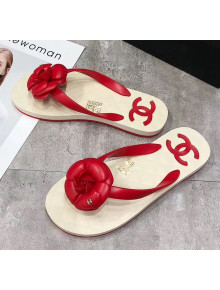 Chanel Rubber Camellia Thong Slides Sandals Red 2020